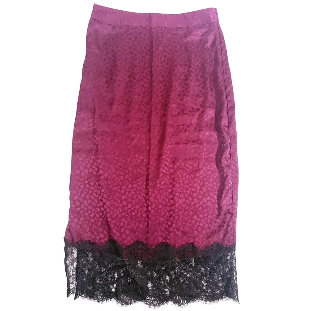 QED London Whimsigoth Satin Lace Trim Midi Pencil Skirt Size 6 Purple Y2K Glam